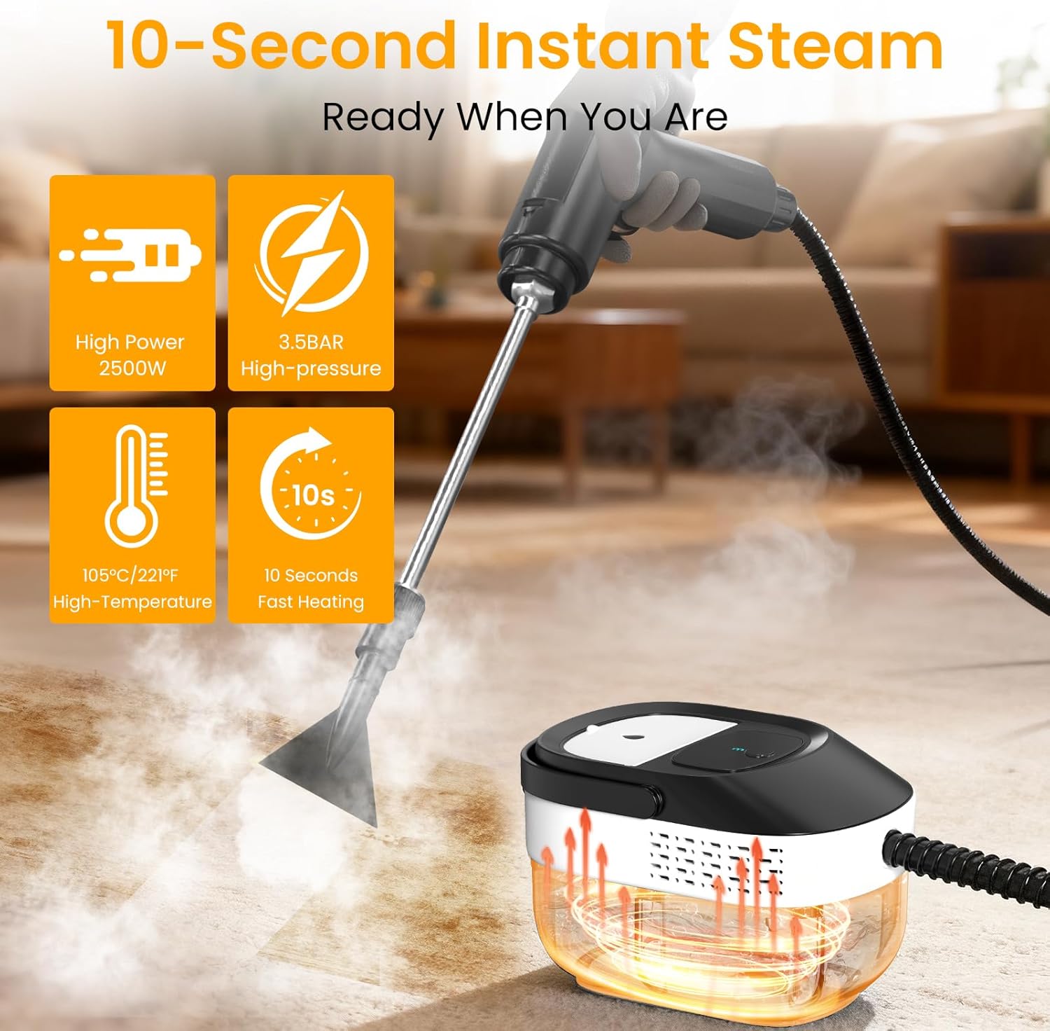 1.69Qt Steam Cleaner, 3-Level Adjustable Pressurized Steamer for cleaning, 10s Heat-Up, 2500W Handheld Steamer Cleaning for Home|Car|Tile|Floor, Multi-Surface Cleaning Machine with 22pcs Accessories