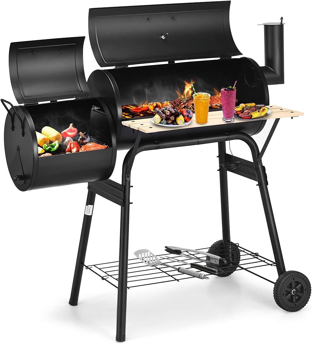 Giantex BBQ Charcoal Grill with Offset Smoker, Thermometer and Adjustable Damper, Meat Cooker Smoker for Backyard Family Gathering and Outdoor Picnic, 2 Moveable Wheels, 2 Shelves and Wooden Handles
