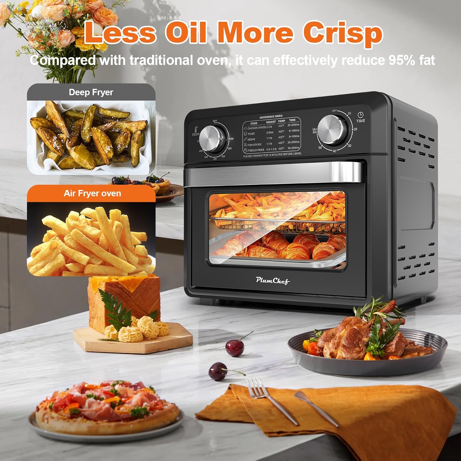 11QT Compact 2-Slice Air Fryer Toaster Oven, 1500W Convection Countertop Oven with Reference Menus, Adjustable Time & Temperature, Ideal for Singles & Couples, Black