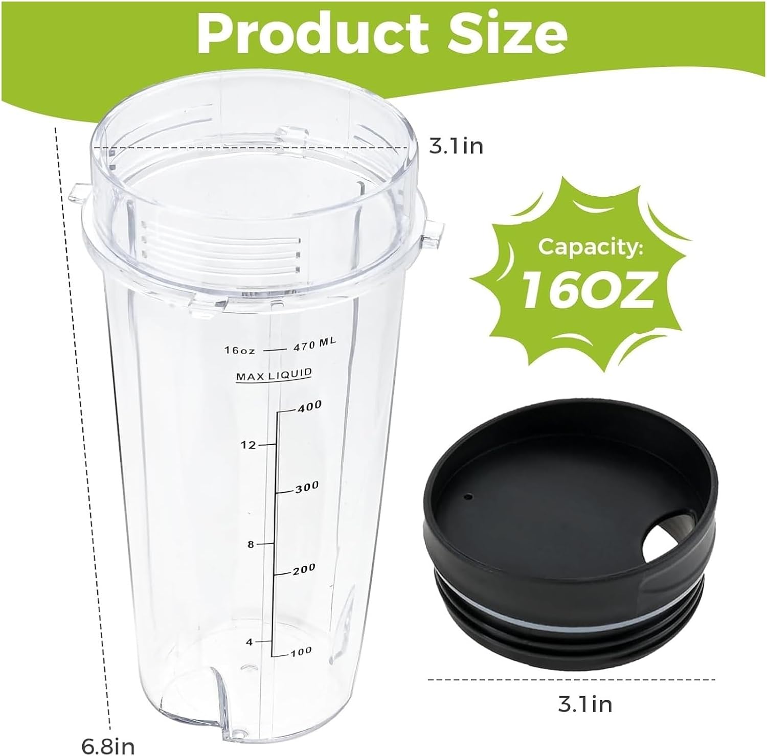 16oz Blender Cups，Compatibility For Nutri Ninja Cup With Scale And Sip Lid For BL-770/780/660/740/810