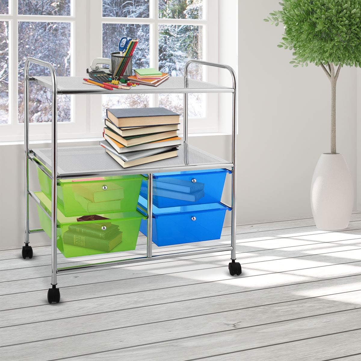 Giantex Rolling Storage Cart w/ 4 Drawers 2 Shelves Metal Rack Shelf Home Office School Beauty Salon Utility Organizer Cart with Wheels (Blue & Green)