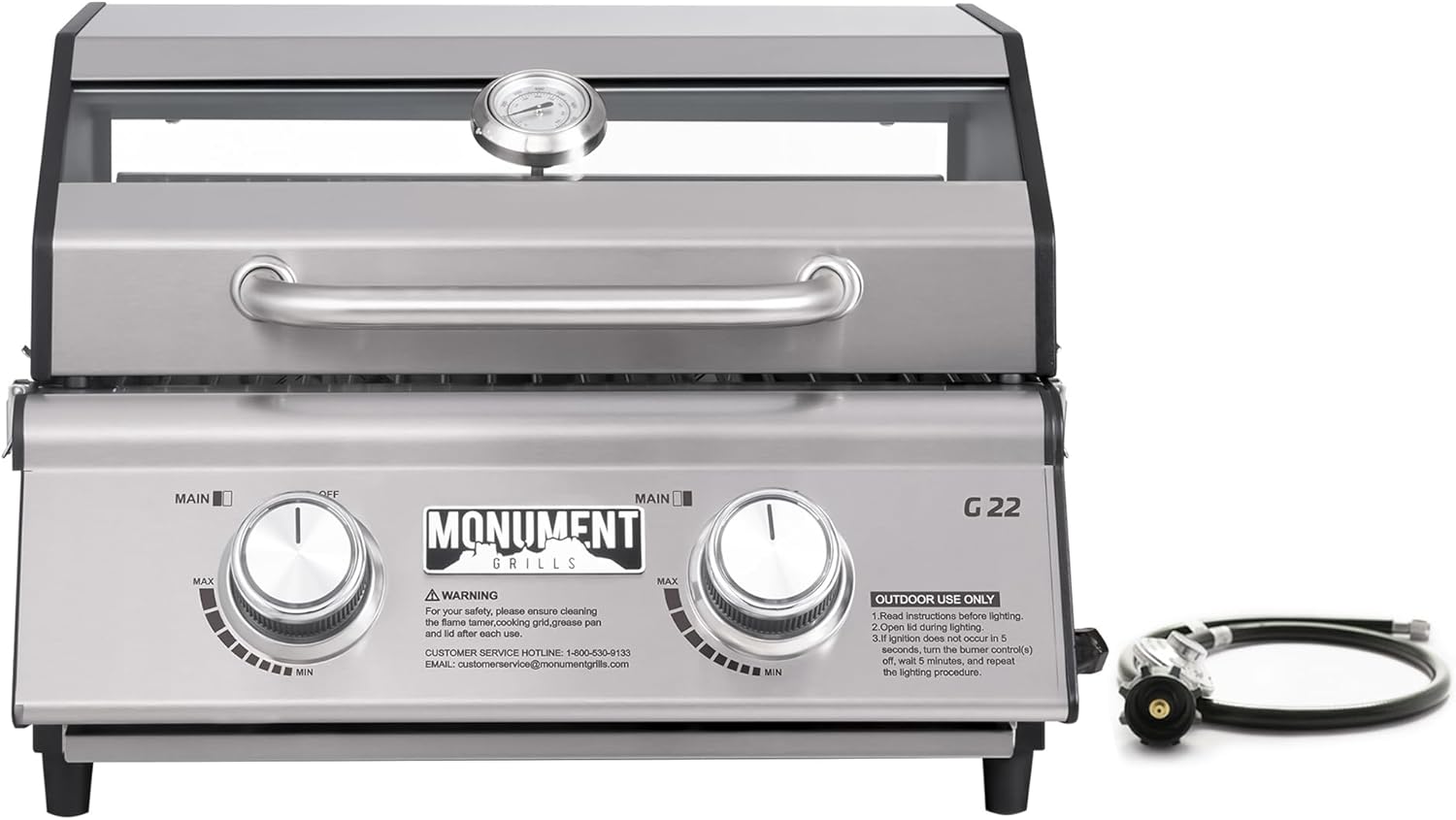Portable Propane Gas Grill 2-Burner Tabletop Clearview® Monument Grills for Outdoor Camping Cooking, Two 15,000 BTU Burners, Stainless Steel, and Built-in Thermometer
