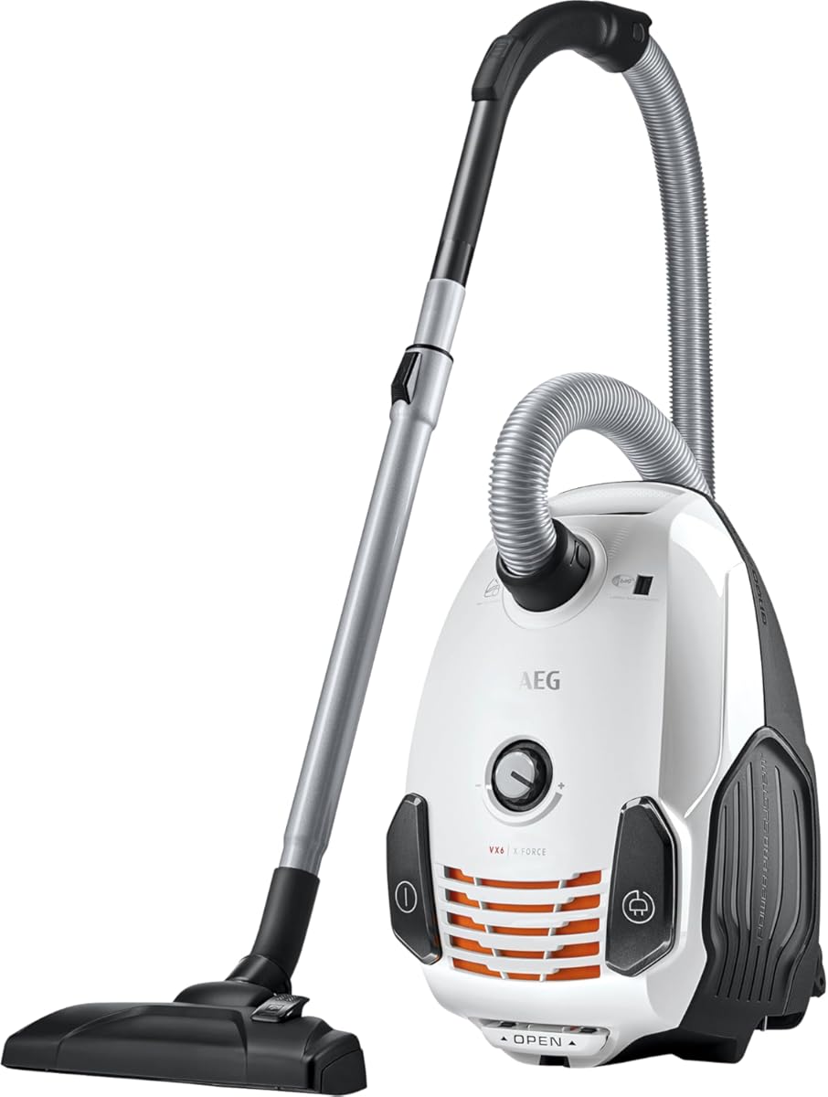 AEG VX6-2-IW-5 vacuum cleaner with bag, 360° rotating wheels, extra nozzles and dust bags, for hard and carpeted mats, 800 watts, 9 m range of action, ergo handle, new technical version/white