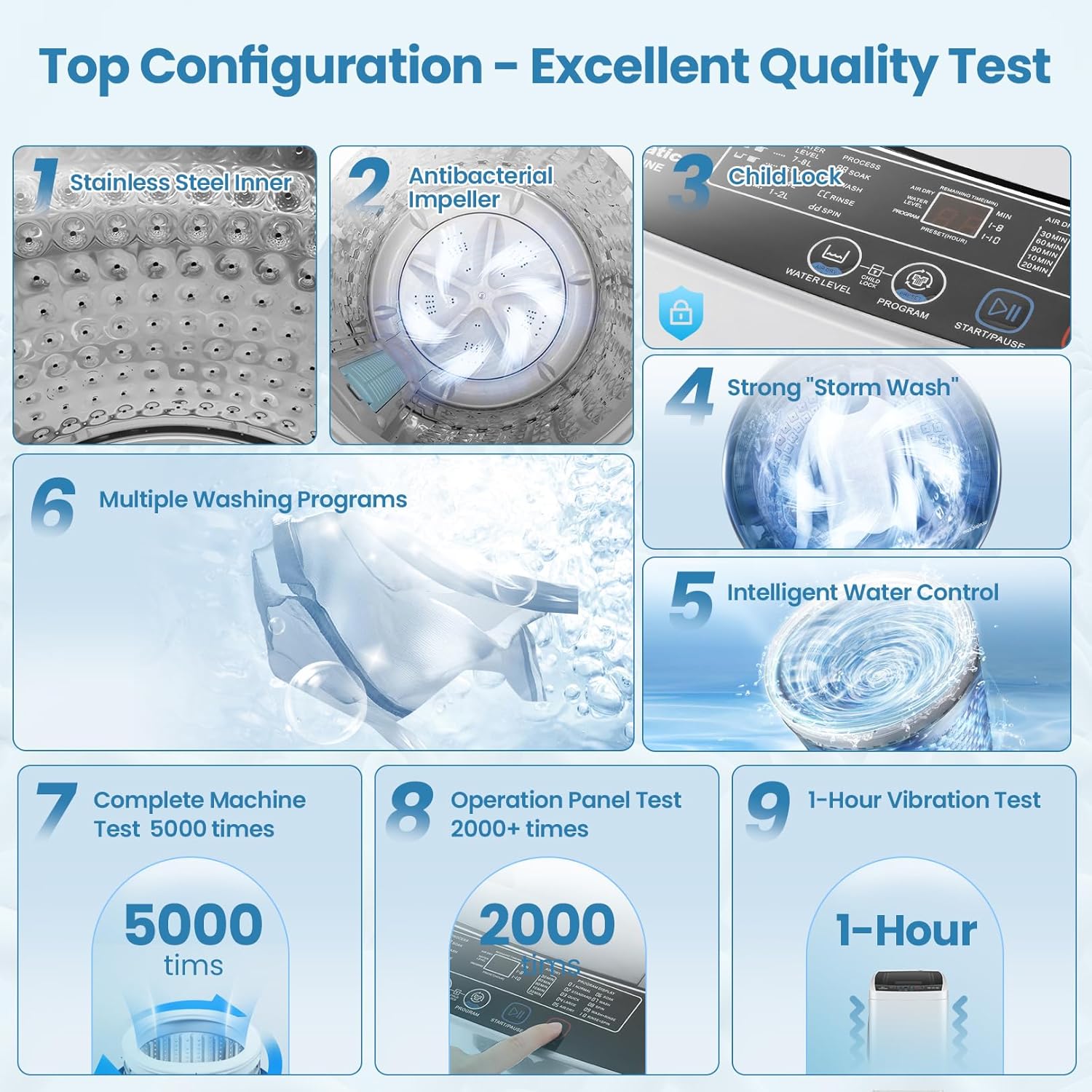 Nictemaw Portable Washing Machine 17.8Lbs Portable Washer with 10 Programs 8 Water Levels, 2.4 Cu.ft Compact Washer Machine with Drain Pump, Compact Laundry Machine for Apartment, Home, Dorms, Rv