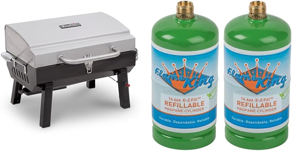 Char-Broil 200 sq in Stainless Steel Portable Propane Gas Grill Bundle with Flame King 16.4 oz Refillable Propane Cylinder 2-Pack