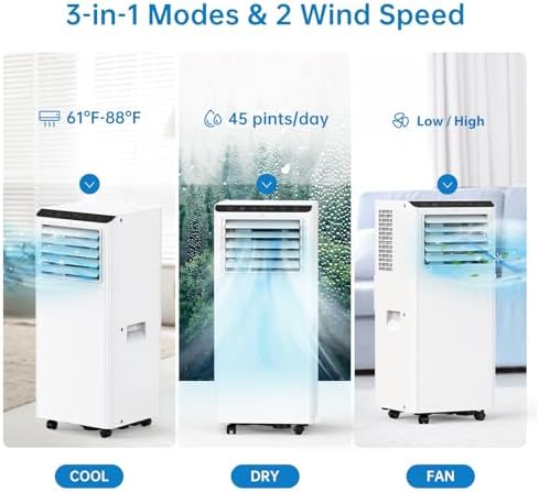 8000 BTU Portable Air Conditioner, Standing 3 in 1 AC Unit with Cooling, Dehumidifier & Fan Mode, Cool Up to 350 sq.ft, Air Cooler with Remote Control, 24H Timer, Window Kit for Home, white