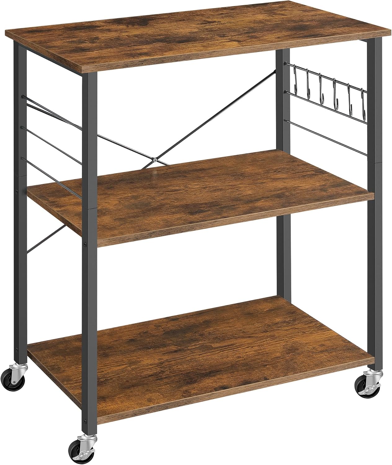 VASAGLE Kitchen Shelf on Wheels, 31.5 Inches Serving Cart with 3 Shelves, Kitchen Cart, Microwave Shelf, for Mini Oven, Toaster, with 6 Hooks, Industrial Style, Rustic Brown and Ink Black UKKS067K01