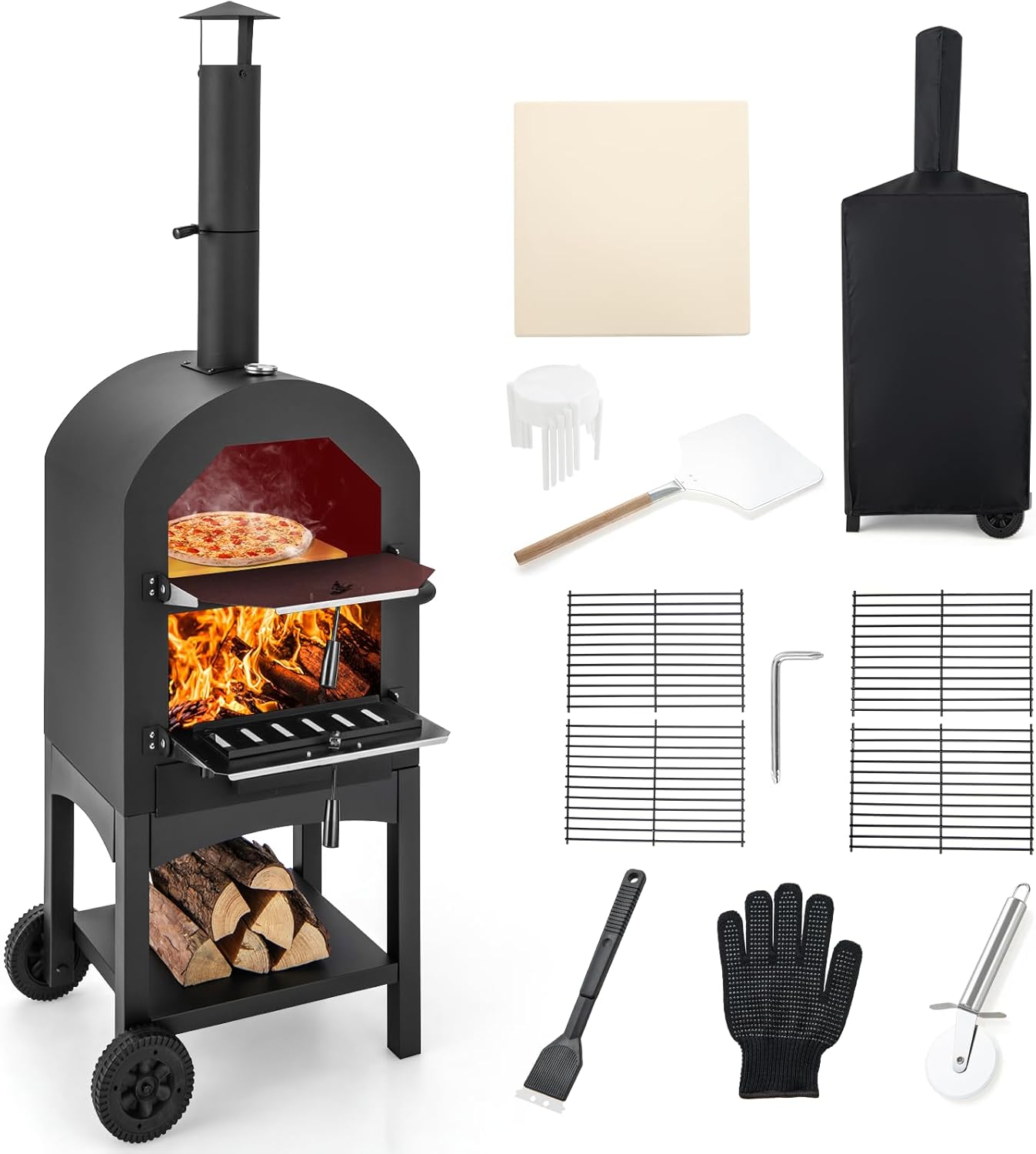 MAT EXPERT Pizza Oven Outdoor, Portable Pizza Maker with Pizza Holder & Pizza Cutter, Pizza Stone, Pizza Peel, Wood Fired Pizza Oven on Wheels for Camping, Backyard Party, Picnic (Black)