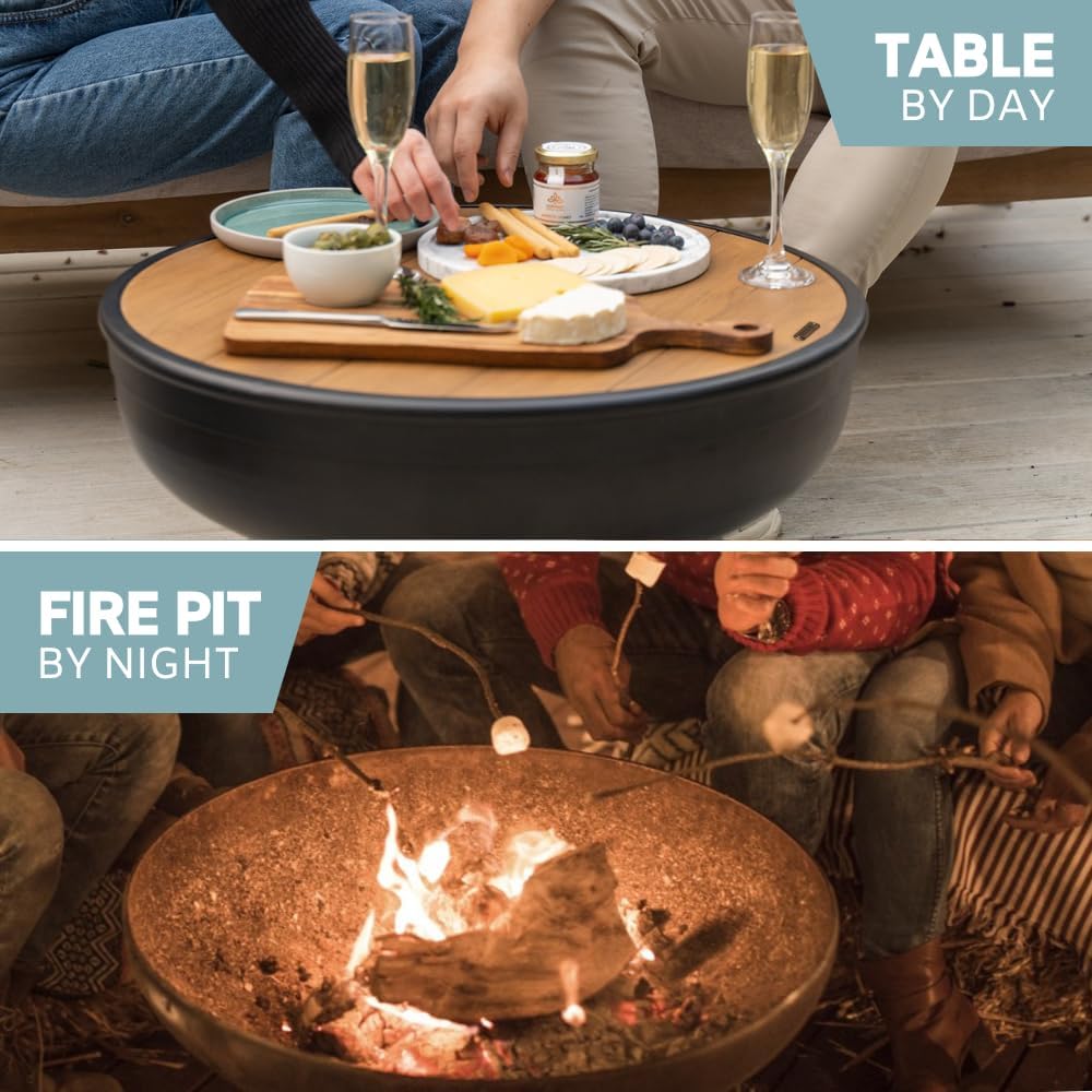 DENKOE Iron Fire Pit Table with Lid, Extra Thick and Heavy Duty Fire Bowl, Deep Round Firepit for Outdoor Bonfire Gatherings, Wood Burning Firepits for Outside Patio, Modern Outdoor Fire Pits