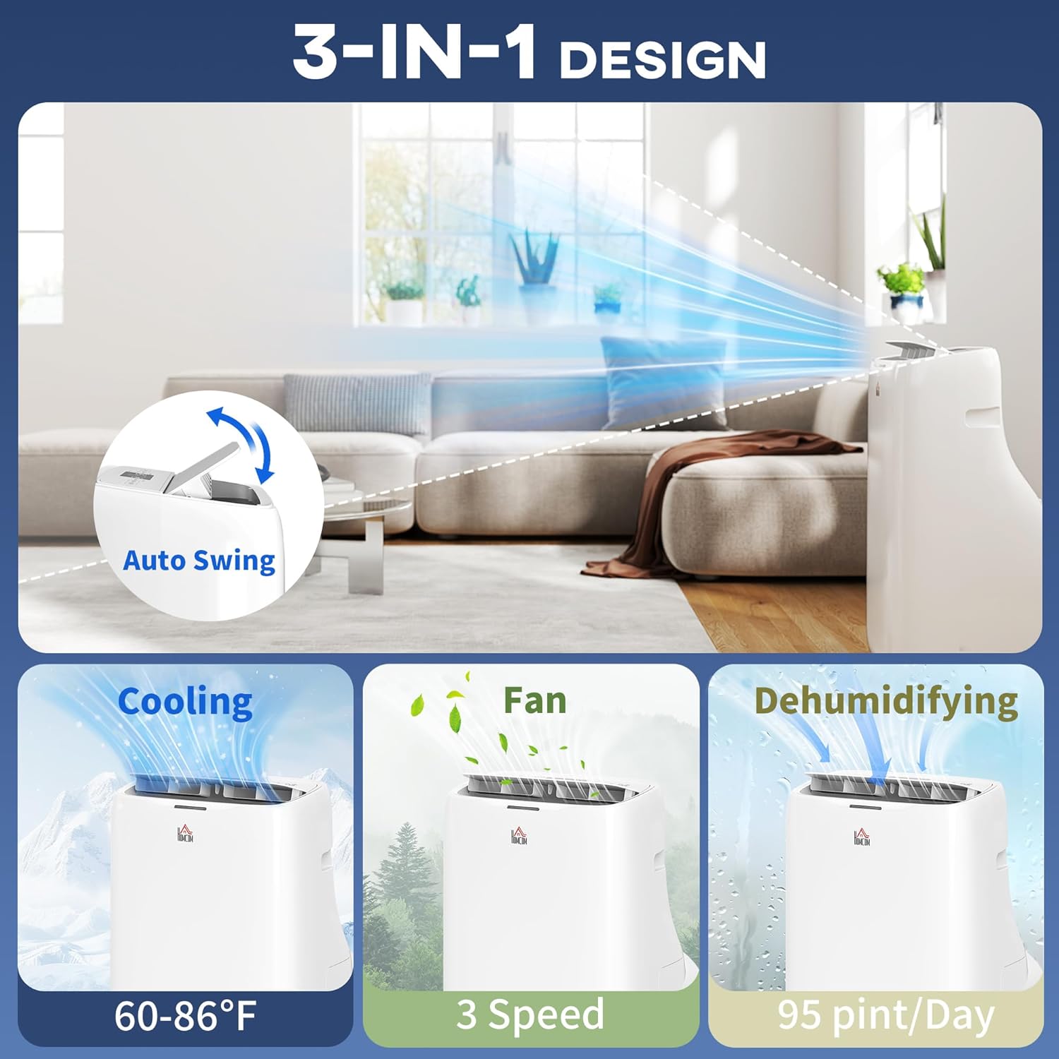 HOMCOM Dual Hose Portable Air Conditioner High Efficiency Inverter, 3-in-1 14000 BTU AC Unit with Cool, Dehumidifier, Fan, for Room up to 700 Sq. ft, Includes Remote & Window Kit