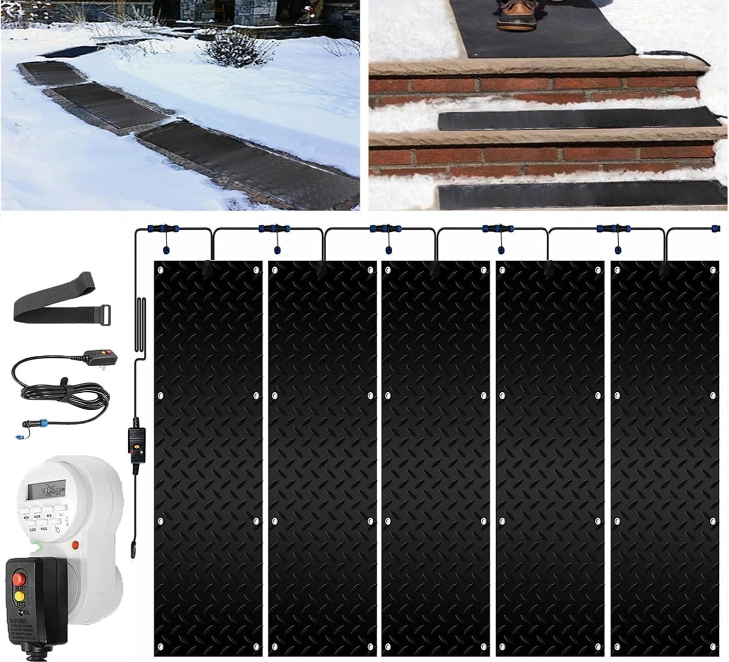 Heated Snow Melting Mats with Timer, 1/2/3/4/5 Pcs Non Slip Rubber Heated Mat with Power Cord for Entrances Heat Track Snow Melting Mats Outdoor Stairs Non-Slip Winter Removal(5 Pcs,12x48in/(3