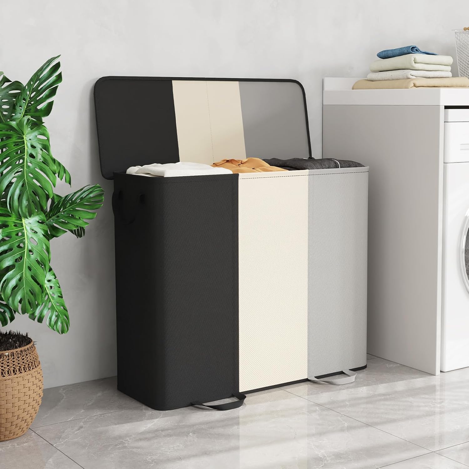 Lifewit Triple Laundry Hamper with Lid and Removable Laundry Bags, Large Collapsible 3 Dividers Dirty Clothes Basket with Handles for Bedroom, Laundry Room, Closet, Bathroom, 185L Black&White&Gray