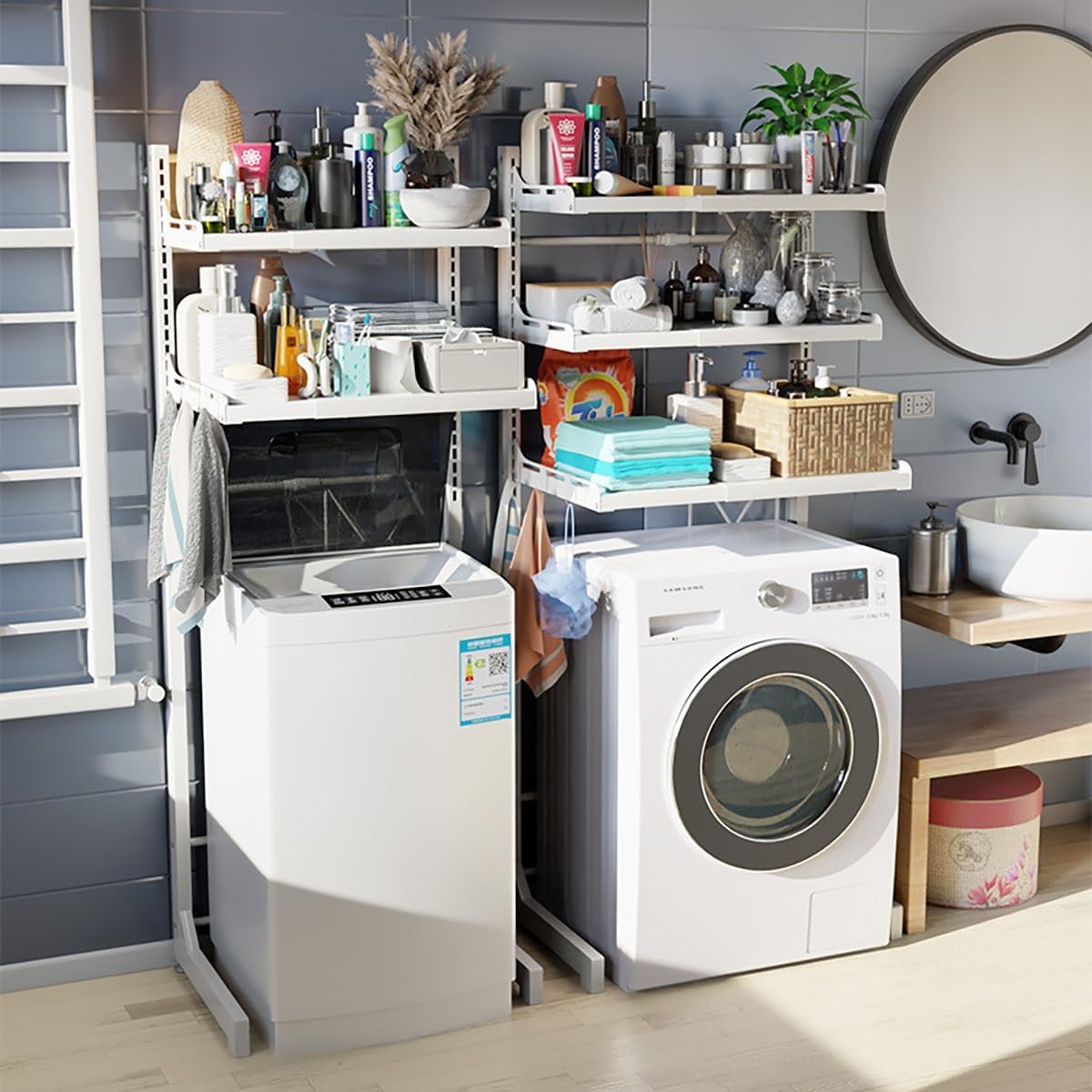 Over Washer And Dryer Storage Shelf, Dryer Stand Height Adjustable Portable Stacking Kit For Washing Machine Tumble Dryer, Carbon Steel Material, For Bathrooms Laundry Rooms Balconies(Gray,161cm/63.3i