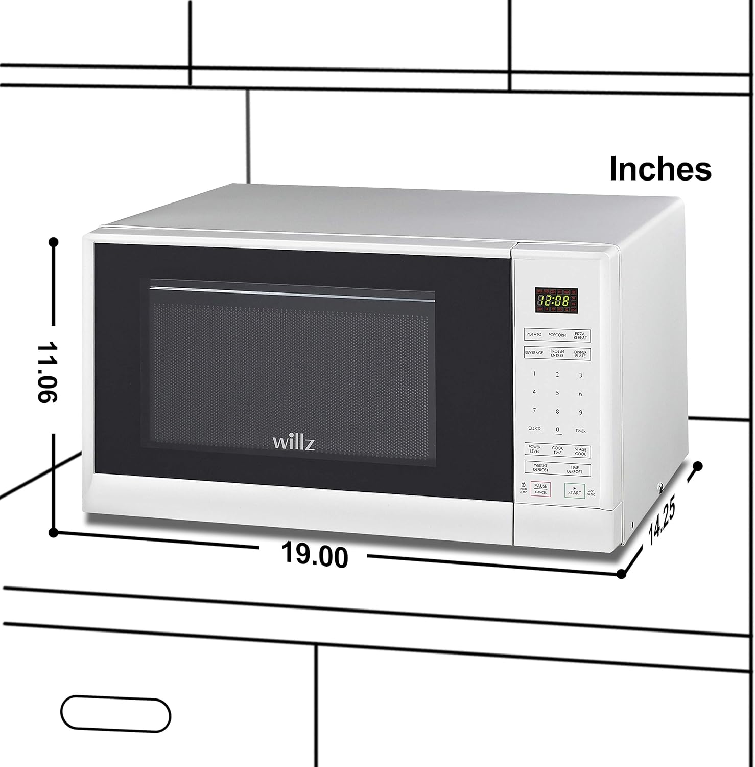 Willz WLCMSR09WE-09 Countertop Microwave Oven, 0.9 Cu.Ft/900W Microwave Oven, 6 Cooking Programs LED Lighting Push Button, White