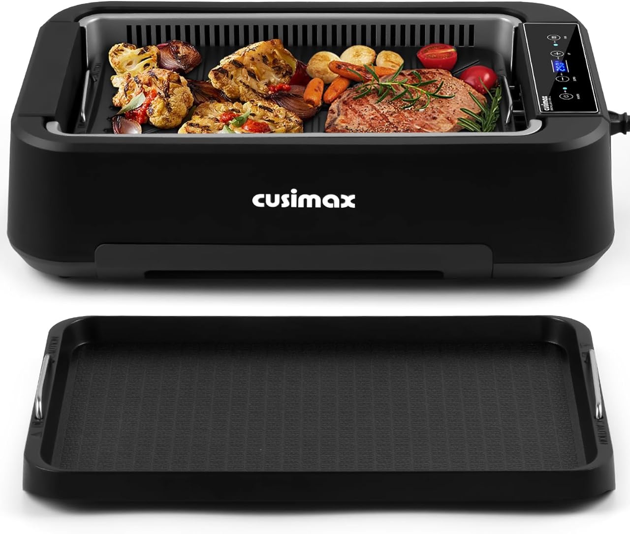 Indoor Grill, CUSIMAX Electric Smokeless Grill & Griddle with REPLACEABLE Smoke Filter Sponge, 1500W Korean BBQ Grill, Smart LED Display, Larger Grilling Area, Black(New Model)