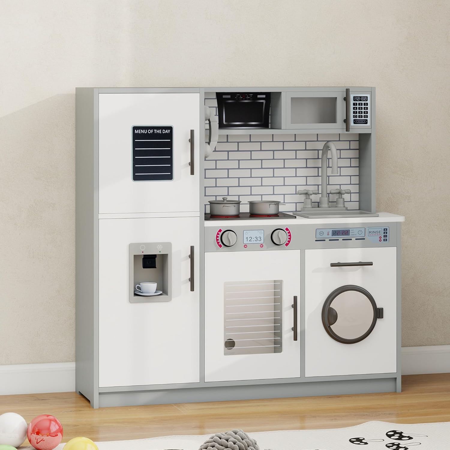 Kids Kitchen Playset with Lights & Sounds, Wooden Play Kitchen with Sink, Washing Machine, Ice Maker & Pretend Play Accessories, Educational Toy Kitchen Set for Toddlers, White