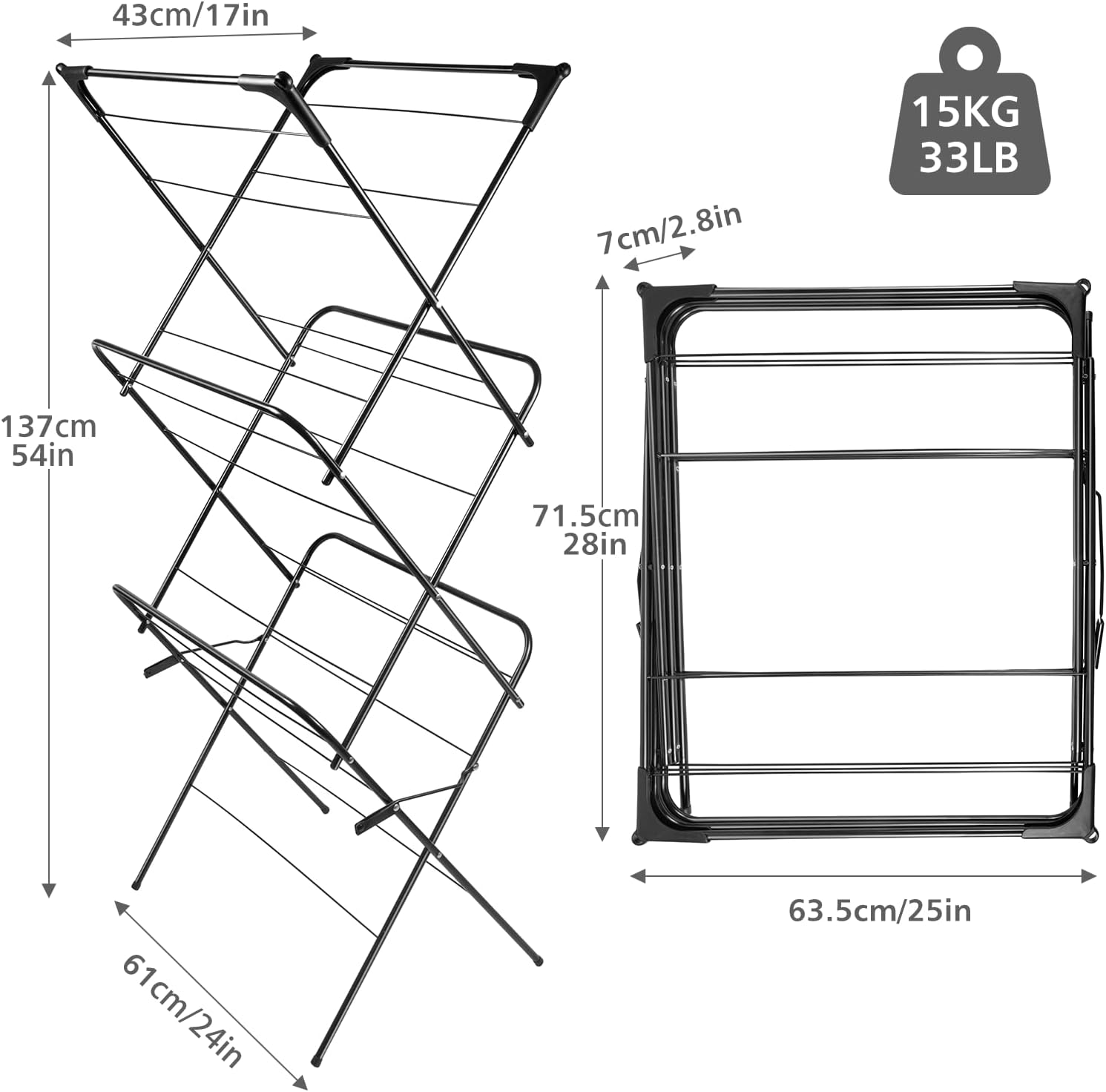 Foldable Clothes Drying Rack | Portable Collapsible Laundry Drying Rack | Use for Indoor & Outdoor | Space Saving | Black 54