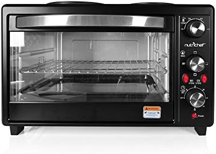 Updated Premium Version Multifunction Grill Oven, Dual Hot Plate, Toaster Oven w/Rotisserie, Grill/Griddle Top, Countertop Convection Oven, w/Wire Grill Rack, Baking Tray, Skewers, Tray Handles