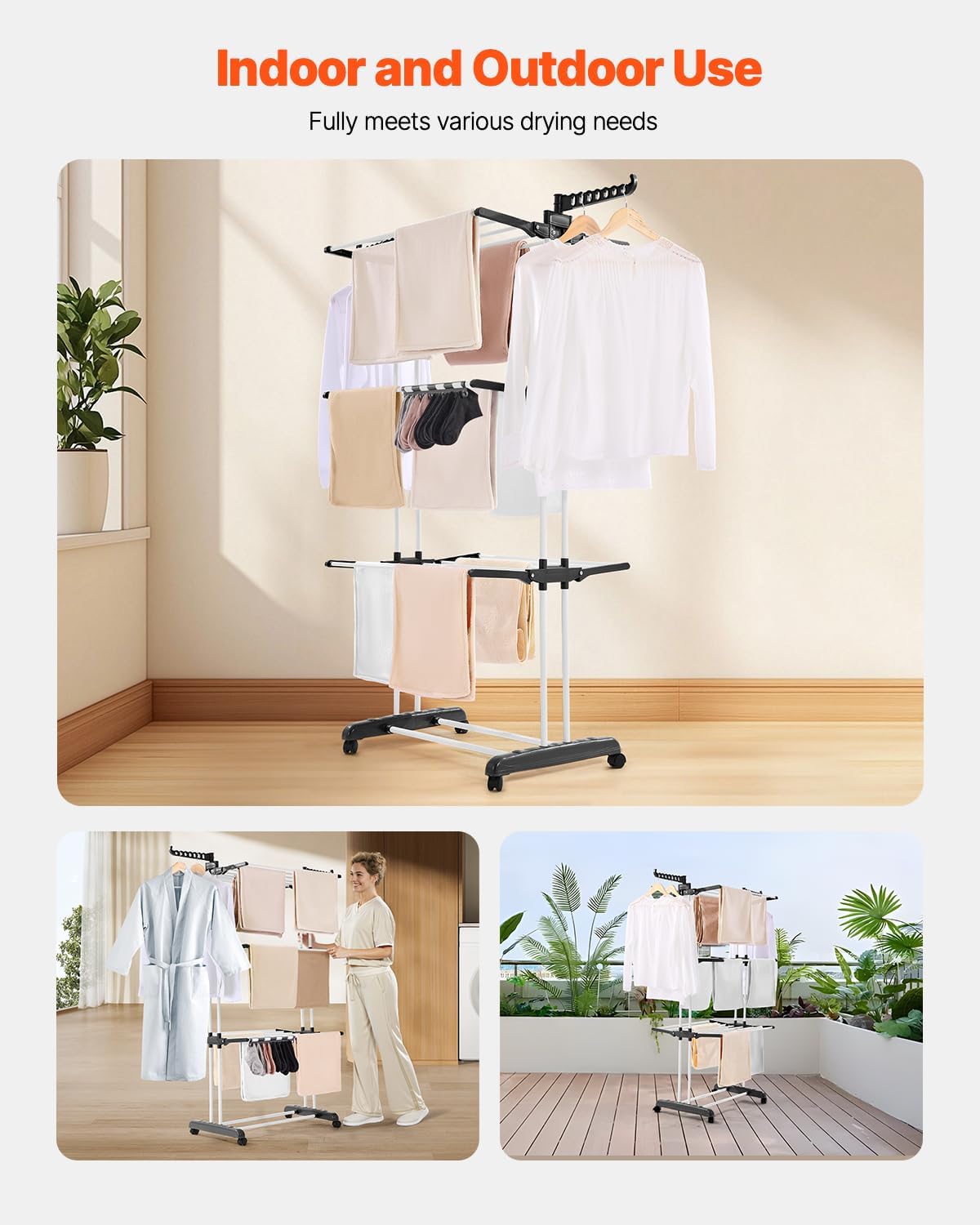 VEVOR Clothes Drying Rack, 4-Tier Foldable Laundry Dryer Rack, Metal Drying Racks with 24 Drying Rods, Free-Standing and Portable Hanger with 4 Castors and Two Side Wings for Outdoor & Indoor Use