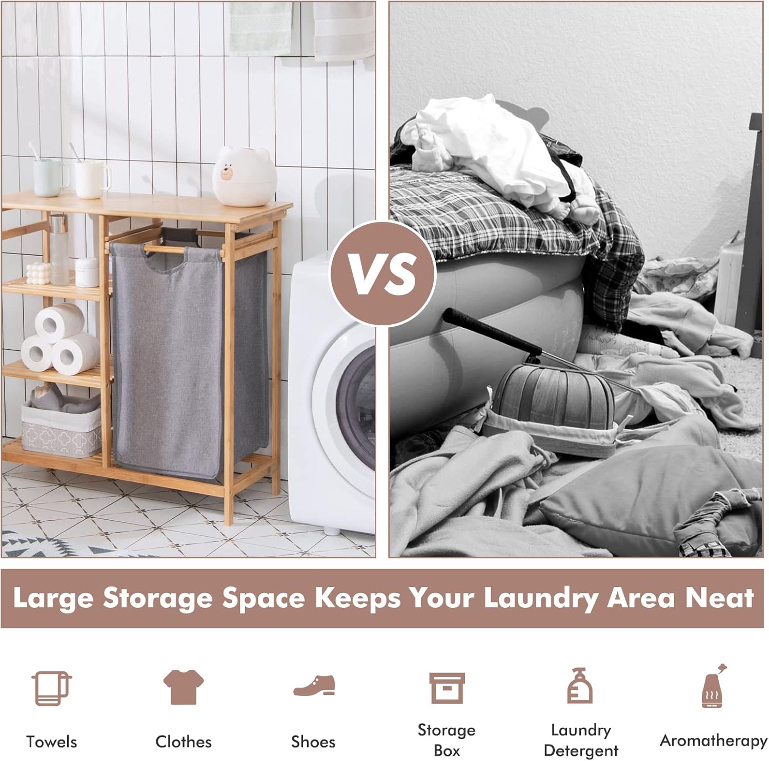 Giantex Bamboo Laundry Hamper Stand, Freestanding Laundry Organizer w/Removable Sliding Bag & 3-Tier Open Shelves, Multipurpose Utility Storage Cabinet for Bathroom, Living Room, Bedroom, Natural