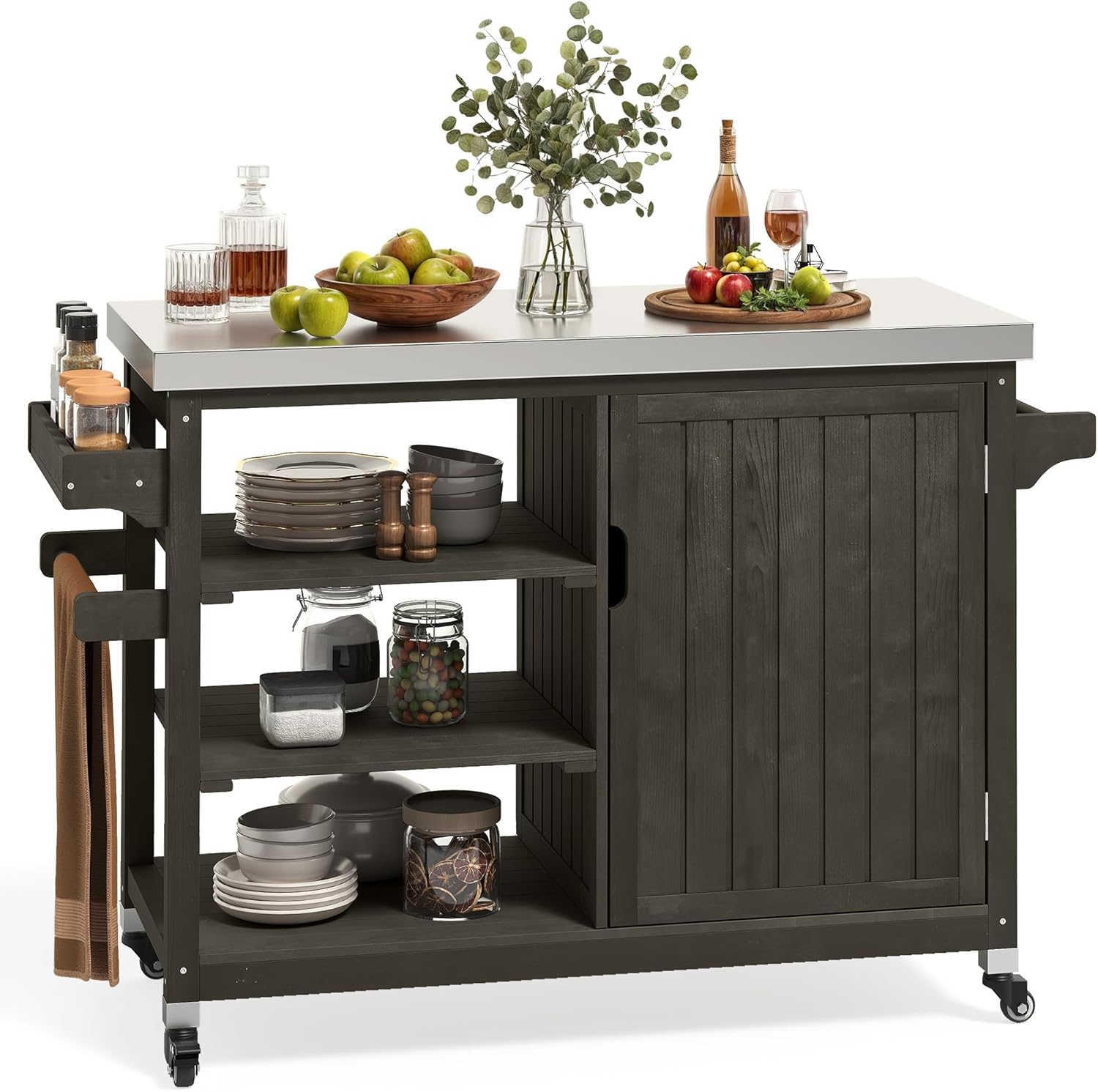 DWVO XL Outdoor Grill Cart, Solid Wood Grill Table, Prep Table with Stainless Steel Top, Outdoor Kitchen Cart with Storage Cabinet for Patio, Kitchen Prep, Grilling Accessories, Brown