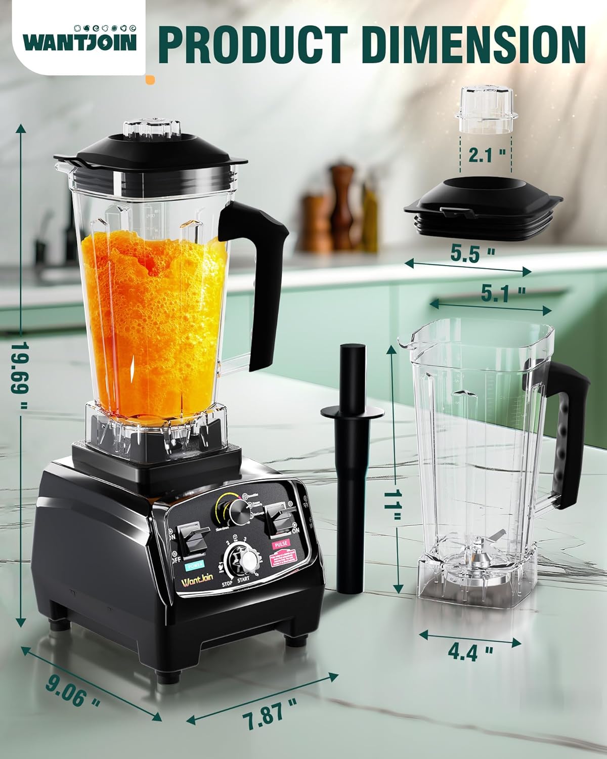 WantJoin Professional Blender, ETL listed 68oz Commercial Blender for kitchen Max 1800W High Power Home and Commercial with Timer, Smoothie Maker 2200ml for Crushing Ice, Frozen Dessert, Soup,fish