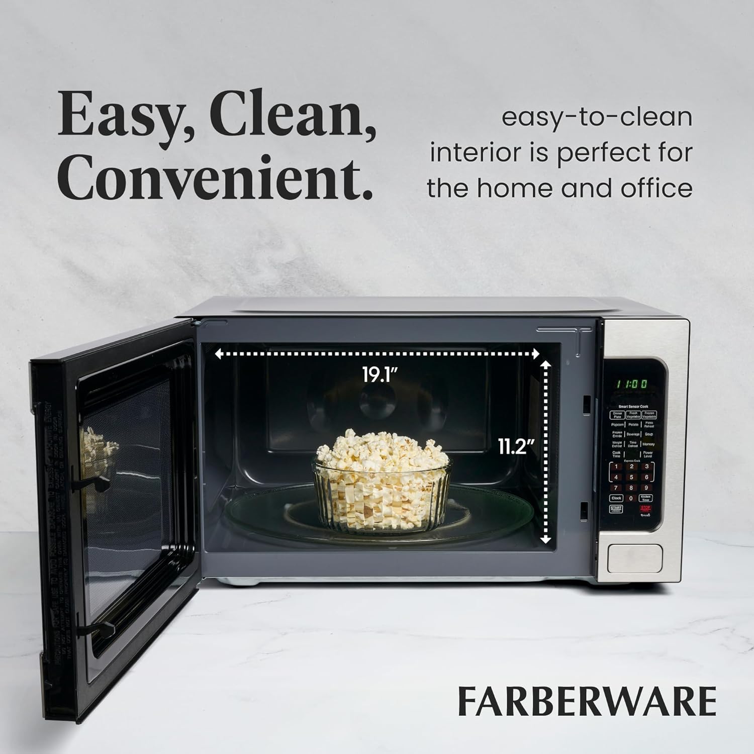 Farberware 2.2 Cu. Ft. Countertop Microwave Oven – 1100 Watts Power, Smart Sensor Auto Cook Settings, Defrost, Easy Clean and Child Safety Lock - Stainless