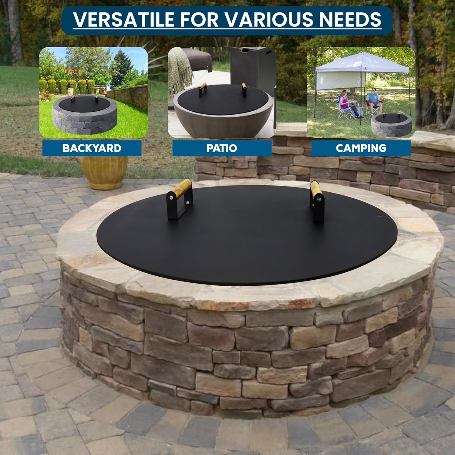 34” Fire Pit Cover Lid Round - Fit for 32” Round Fire Pit Lid for Outdoor Fireplace Cover Lid Steel fire pit metal cover W/ 2 Wooden Handles & Heat Resistant Snuffer Lid for Patio Fire Pit Ring