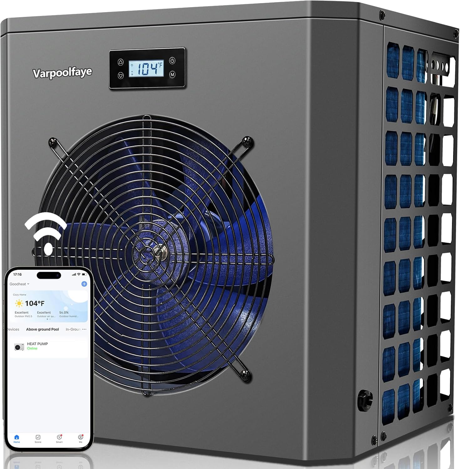 Swimming Pool Heater Pump 16000 BTU Above Ground Pool Heater 5000 Gallon WiFi Control Schedule Heating and Cooling 120V Pool Heater