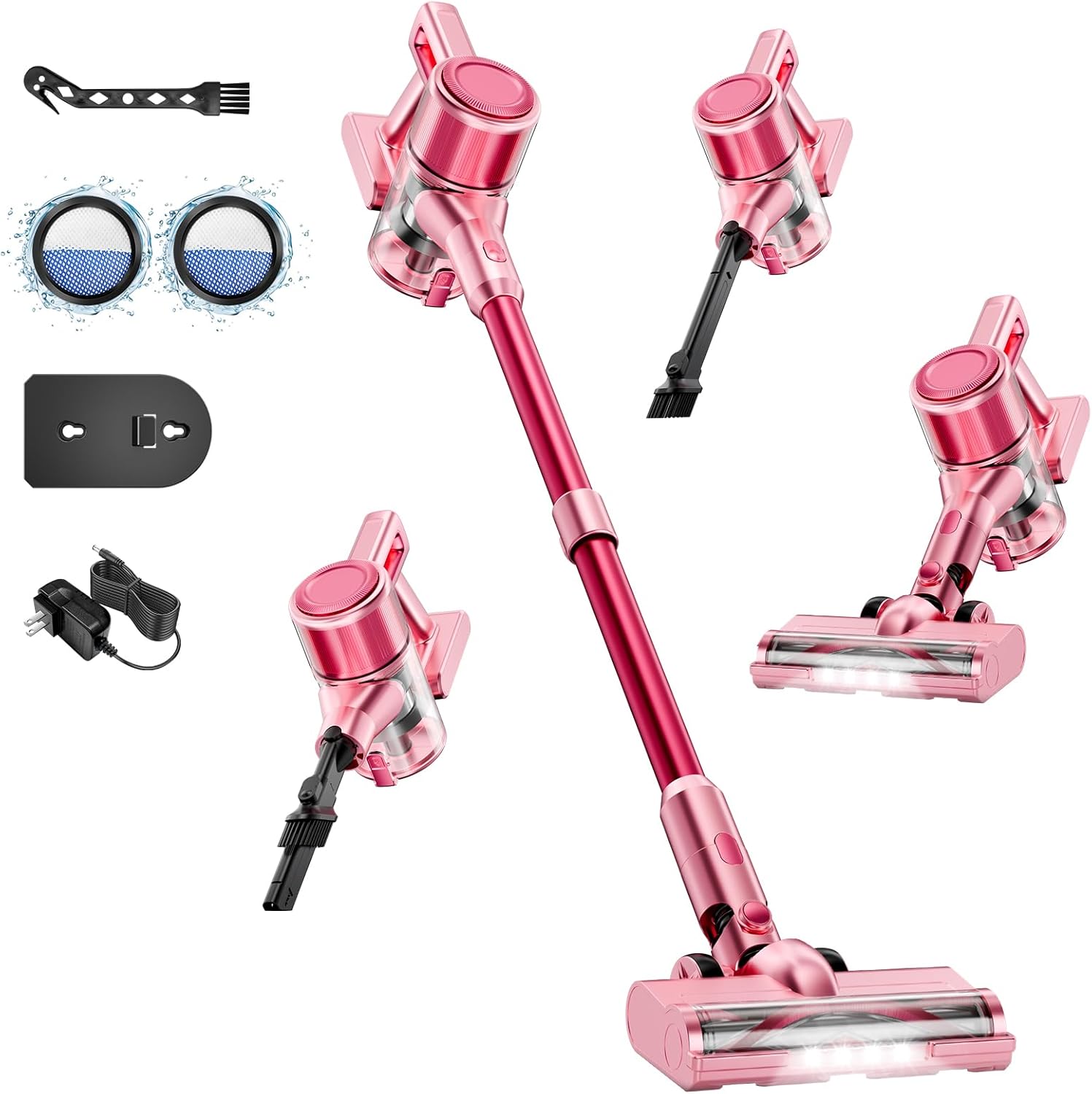 Cordless Vacuum Cleaner,55Mins/Powerful Vacuum Cleaners for Home,Stick Vacuums with 8 in 1,Touch Screen,LED Headlights, Anti-Tangle,Pet Hair,Pink