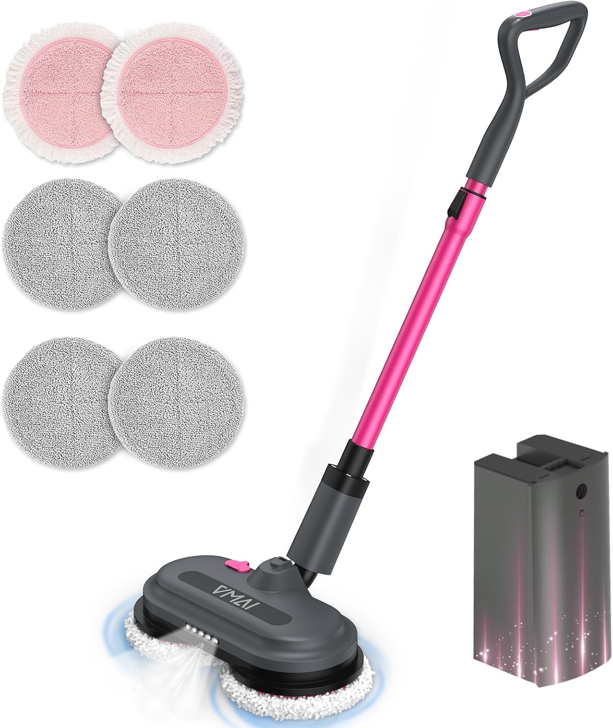 VMAI Cordless Electric Mop for Floor Cleaning,Water Sprayer Spin Mop with 300ML Water Tank,LED Lighting and Removable Battery,Up to 60mins Working Time for Hardwood Tile Laminate Marble Floor(Rose)