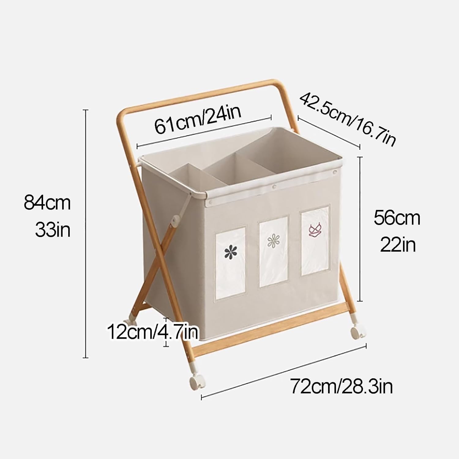 Foldable 3-Section Laundry Hamper with Wheels, Removable Machine Washable Bags, Triangular Frame Laundry Sorter(Beige)