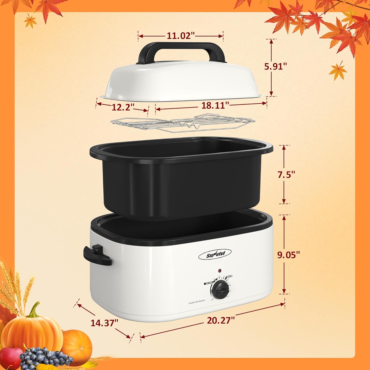 Sunvivi 24 Quart Electric Roaster Oven with Visible Self-Basting Lid, Turkey Roaster Oven with Removable Pan and Rack, Perfect for Large Meals and Holiday Feasts, White