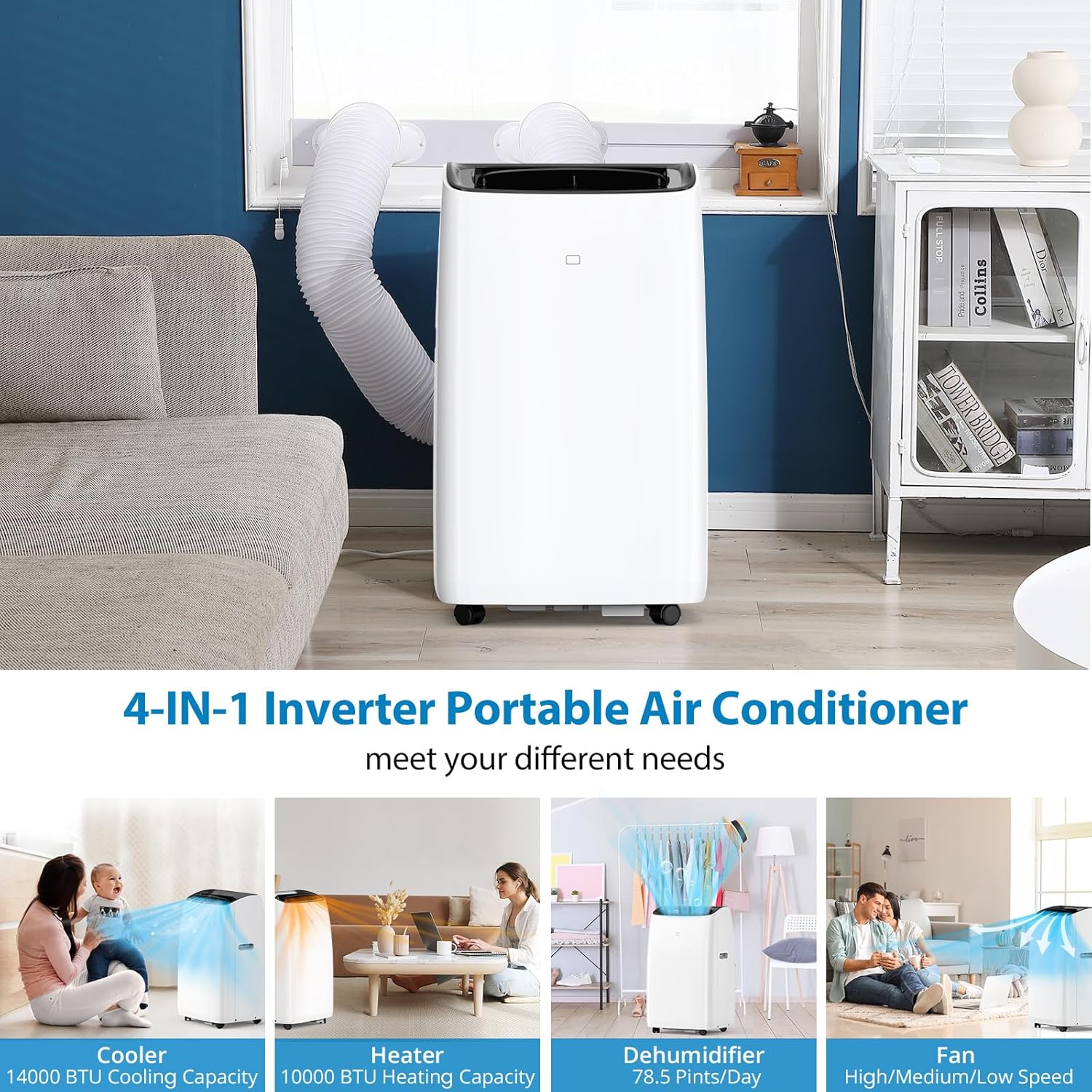 14000 BTU Inverter Air Conditioner for Rooms up to 750 Sq. Ft, 4-in-1 Portable AC Unit, Cooler, Heater, Dehumidifier & Fan, Sleep Mode 42dB, Dual Hose Portable AC with Window Kit & Remote Control