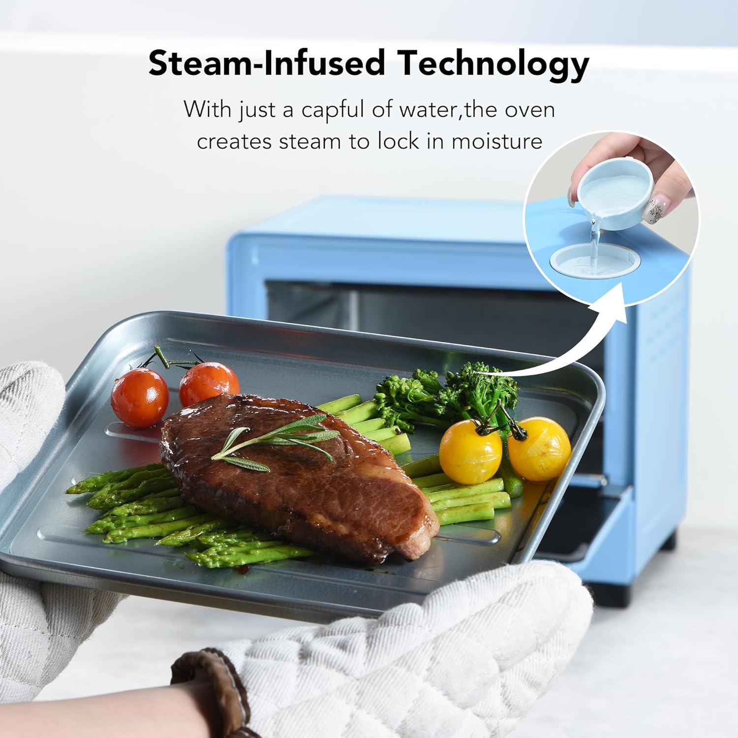 12.7 QT 6-in-1 Air Fryer Toaster Oven with Steam Infusion, Compact, Fast Preheat, Air Fry, Bake, Roast, Broil, Reheat & Steam, Perfect for Small Contertop, Blue