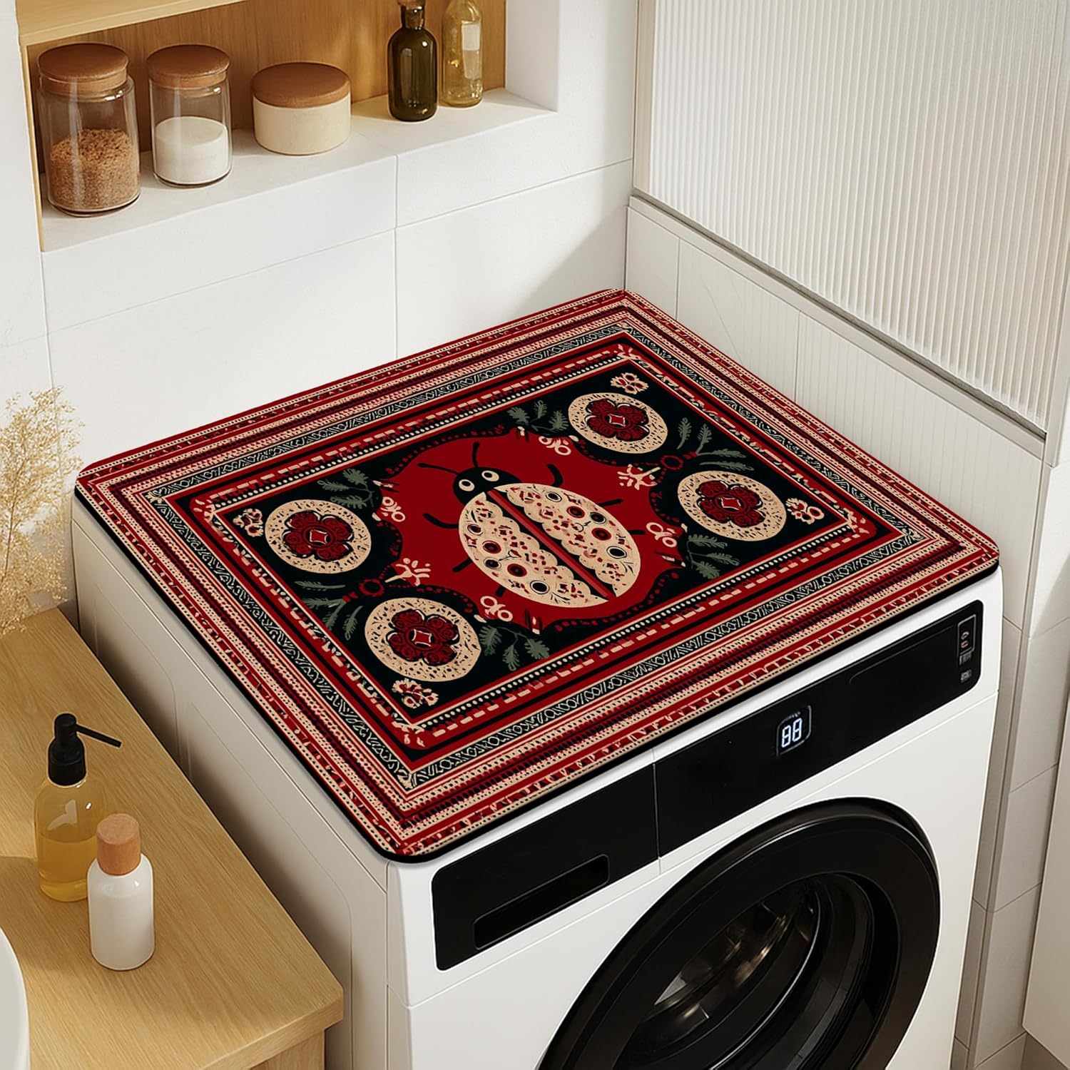 Ladybug Washer Dryer Top Protector Mat, Vintage Art Laundry Machine Dust Covers, Nature Inspired Rubber Anti-slip Waterproof Washer And Dryer Mats for Home 20x24 Inch
