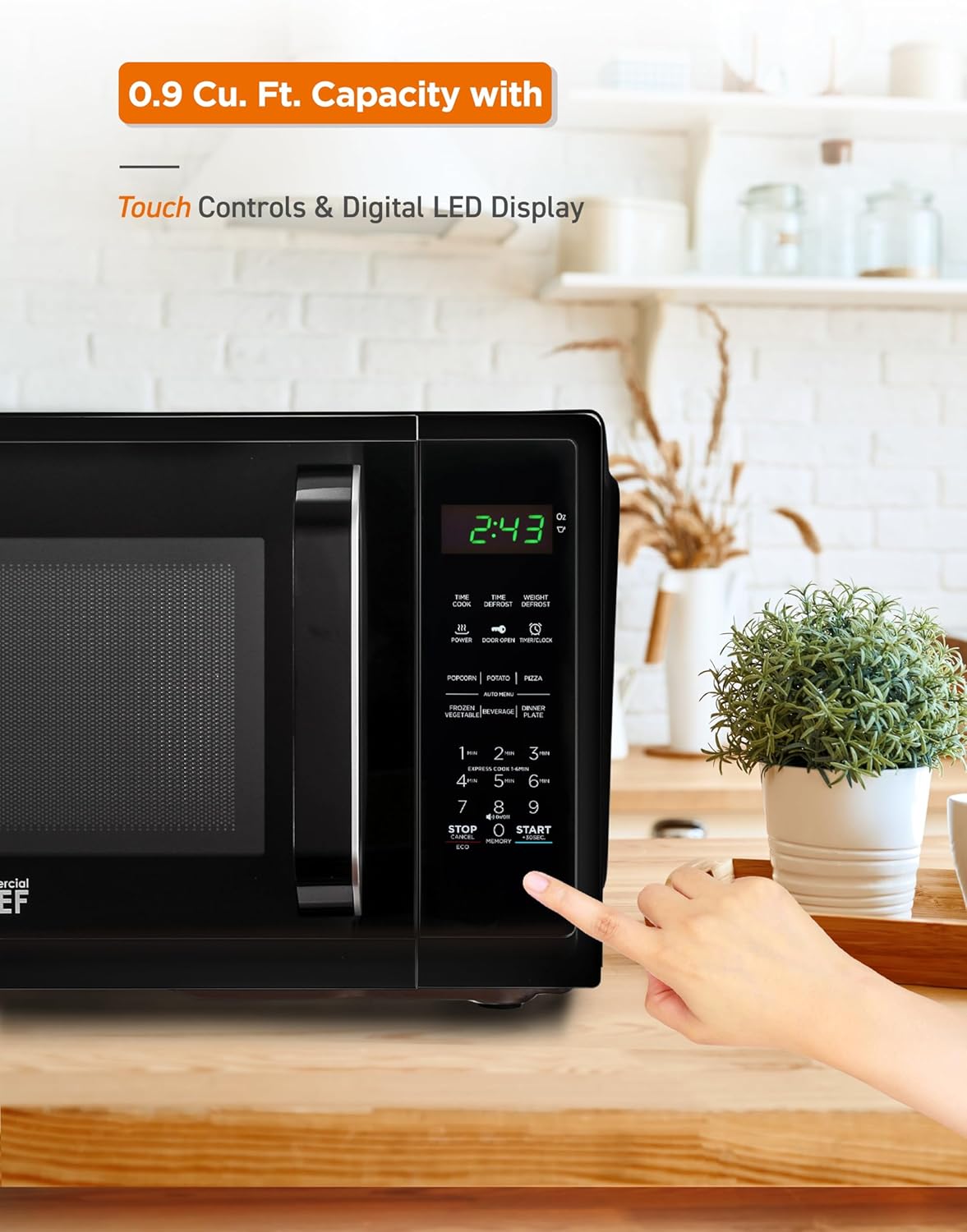 COMMERCIAL CHEF 0.9 Cubic Foot Microwave with 10 Power Levels, Small Microwave with Grip Handle, 900W Countertop Microwave with Digital Display, Door Lock and Kitchen Timer, Black