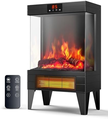 Electric Fireplace Stove Heater - Freestanding Fireplace Heater for Indoor Use with Realistic 3D Flame, Adjustable Thermostat & Remote, Quiet, Timer for Living Room and Bedroom