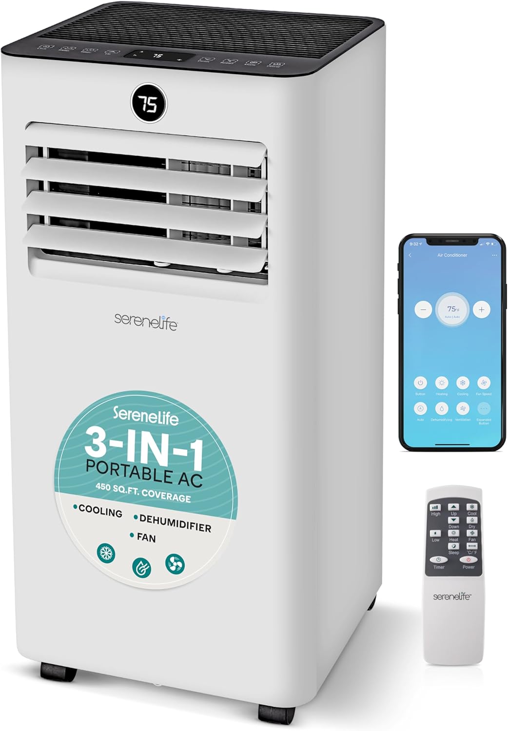SereneLife 10,000 BTU Portable Air Conditioner with WiFi Control, 3-in-1 Cooling, Dehumidifier & Fan, Compact Indoor AC Unit for 450 Sq. Ft. Coverage, Includes Window Exhaust Kit & Remote