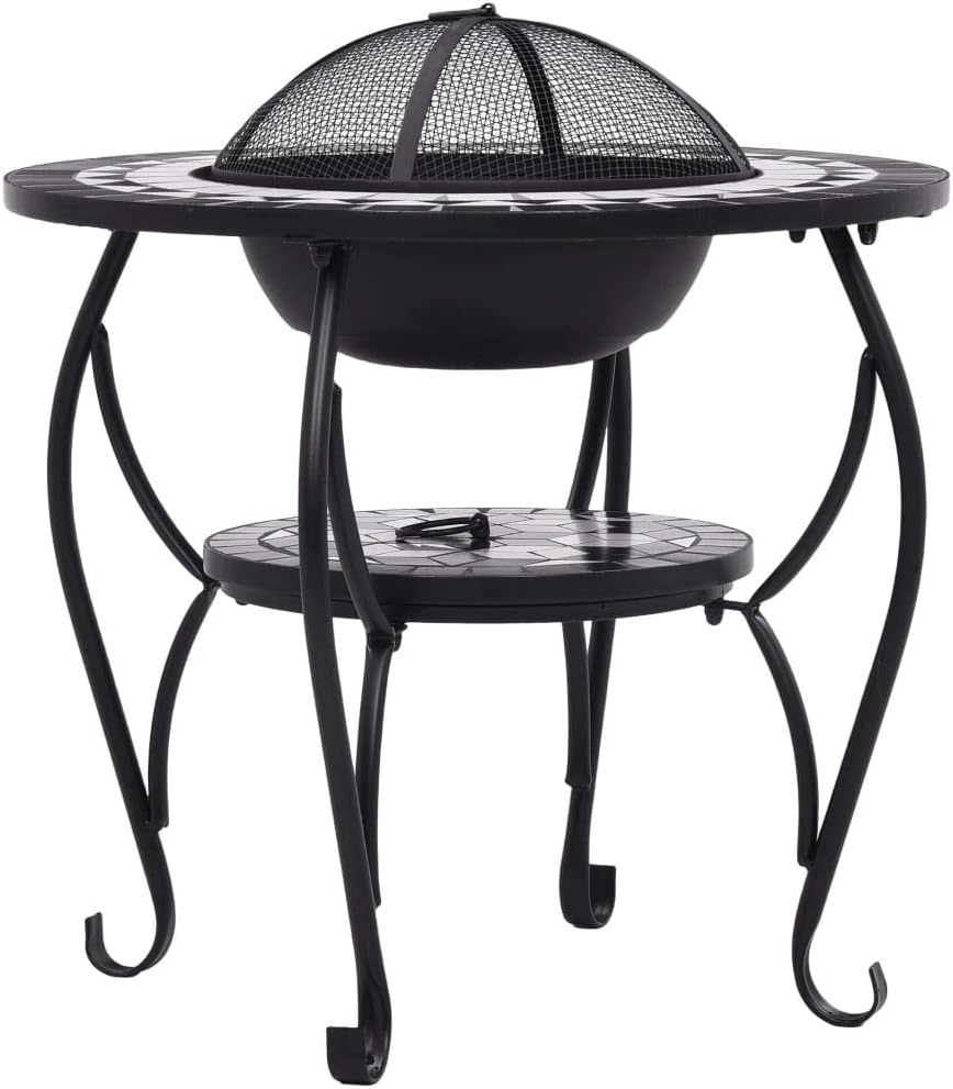 Multifunctional Fire Pit Table, Patio Decorative Table, Round Table for Camping, Outdoor Heating, Campfire and Picnic,Mosaic Fire Pit Table Black and White 26.8