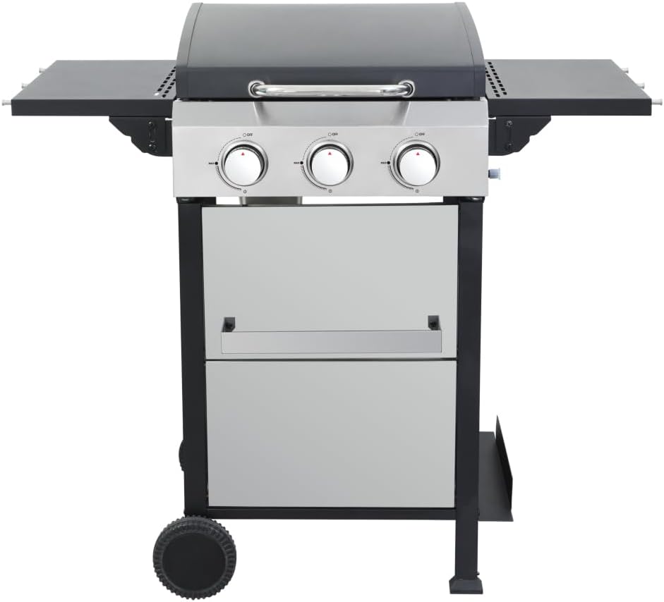 3-Burner Propane Gas BBQ Grill, SS Plancha, 36900BTU Output With Wire Enamel Cooking Grids For Outdoor Barbecue, Foldable Side Table, Hanging Basket, Stainless Steel