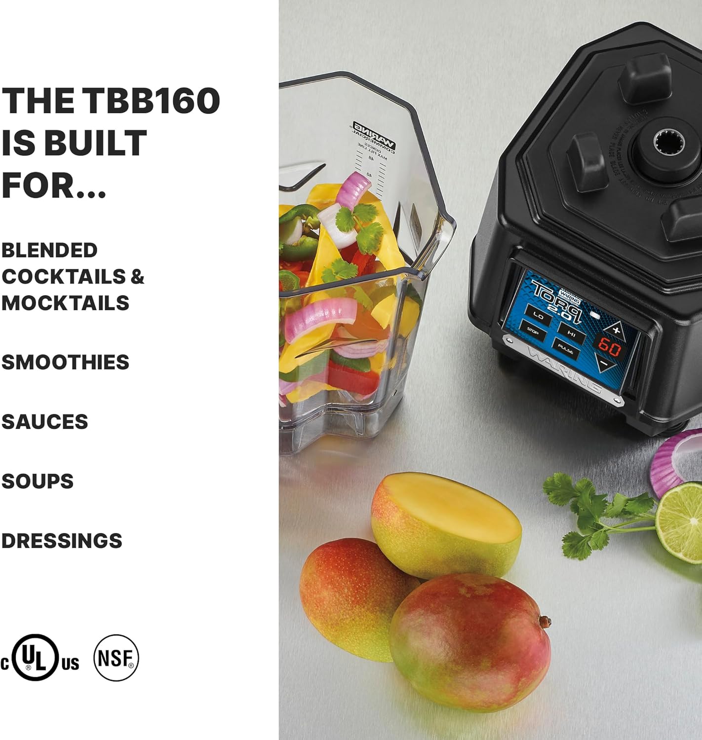 Waring Commercial TBB160 TORQ 2 Horsepower Blender, Electronic Keypad with 60-Second Countdown Timer and a 48 oz. BPA Free Copolyester Container, 120V, 5-15 Phase Plug,Black