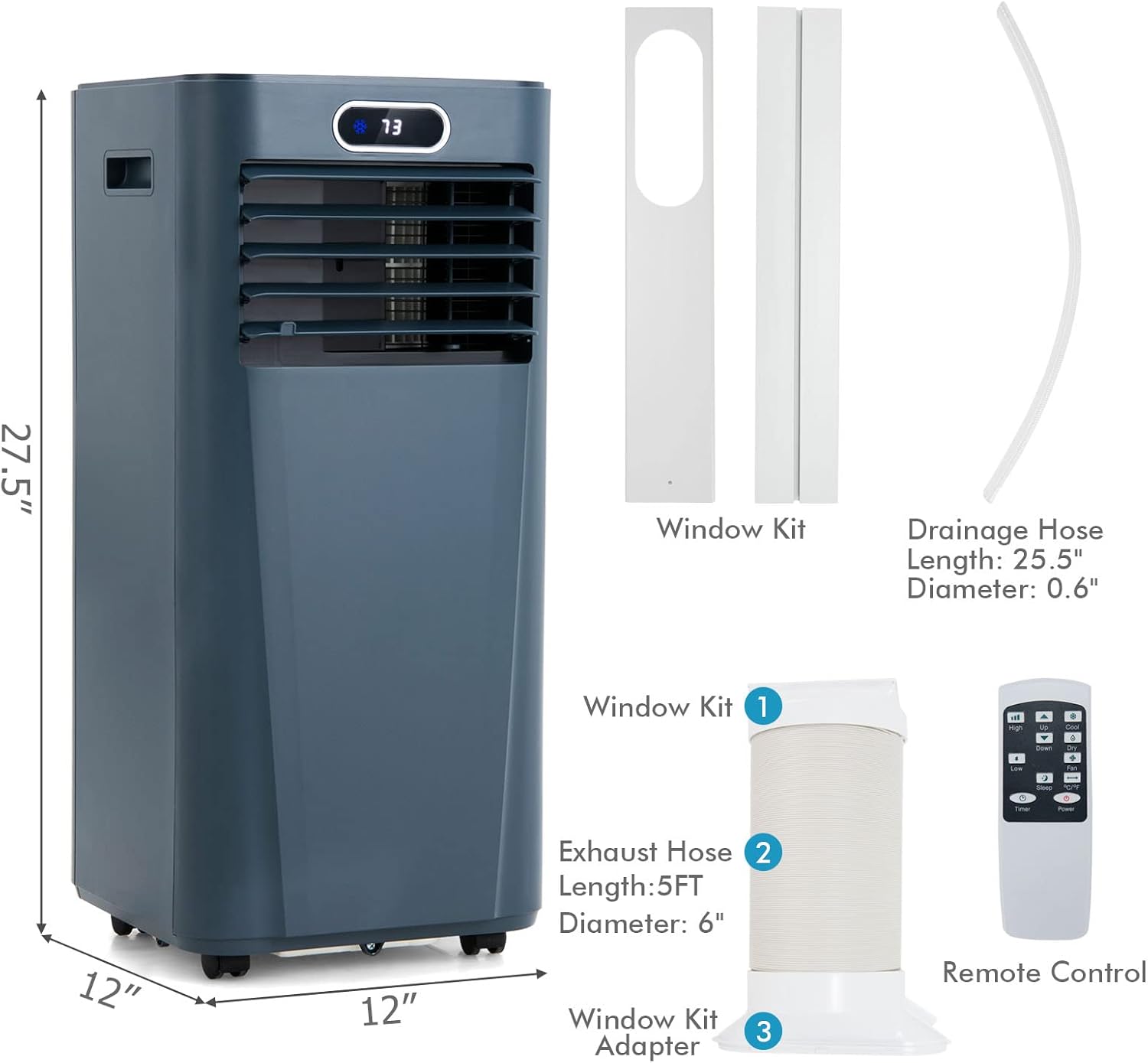 PETSITE Portable Air Conditioner, 3-in-1 AC Cooling Unit Dehumidifying, Fan & Air Cooler Function, Remote Control, Window Kit Included (10000BTU, Dark Blue)