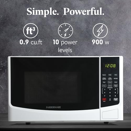 Farberware 0.9 Cu. Ft. Countertop Microwave Oven – 900W Power, Auto Cook Settings, Defrost, and Safety Lock – White