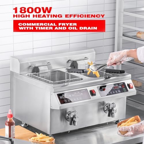 EGGKITPO Induction Fryer 24L Dual Tank Deep Fryer with Basket and Lid Countertop Electric Fryer with Timer and Oil Drain Stainless Steel Commercial Fryer for Large Restaurant and Business 120V 3600W