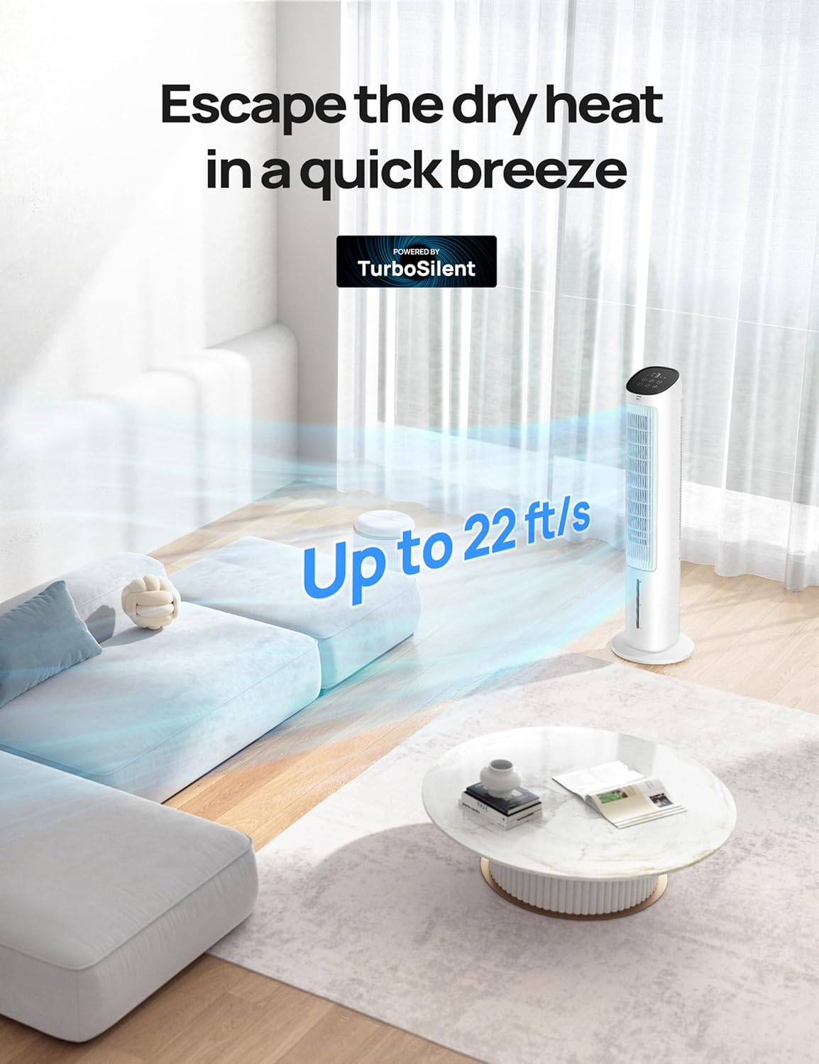 Dreo Evaporative Air Swamp Cooler, 40” Standing Fans that Blow Cold Air, 80° Oscillating Bladeless Cooling Fan for Bedroom, Removable Water Tank, Ice Packs, Remote Control, 4 Speeds, 7H Timer, White