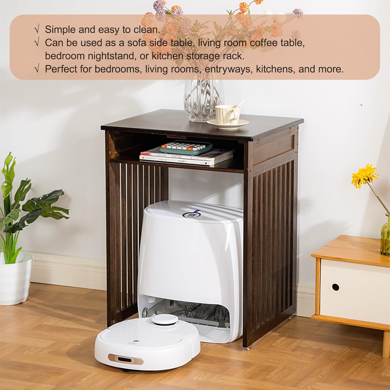 Mobile Robot Vacuum Storage Cabinet Side Table, Vacuum Hidden Open Storage Shelves Modern Side Table Storage Cabinet Compatible for Living Room Bedroom(Yellow,75cm/29.5in)