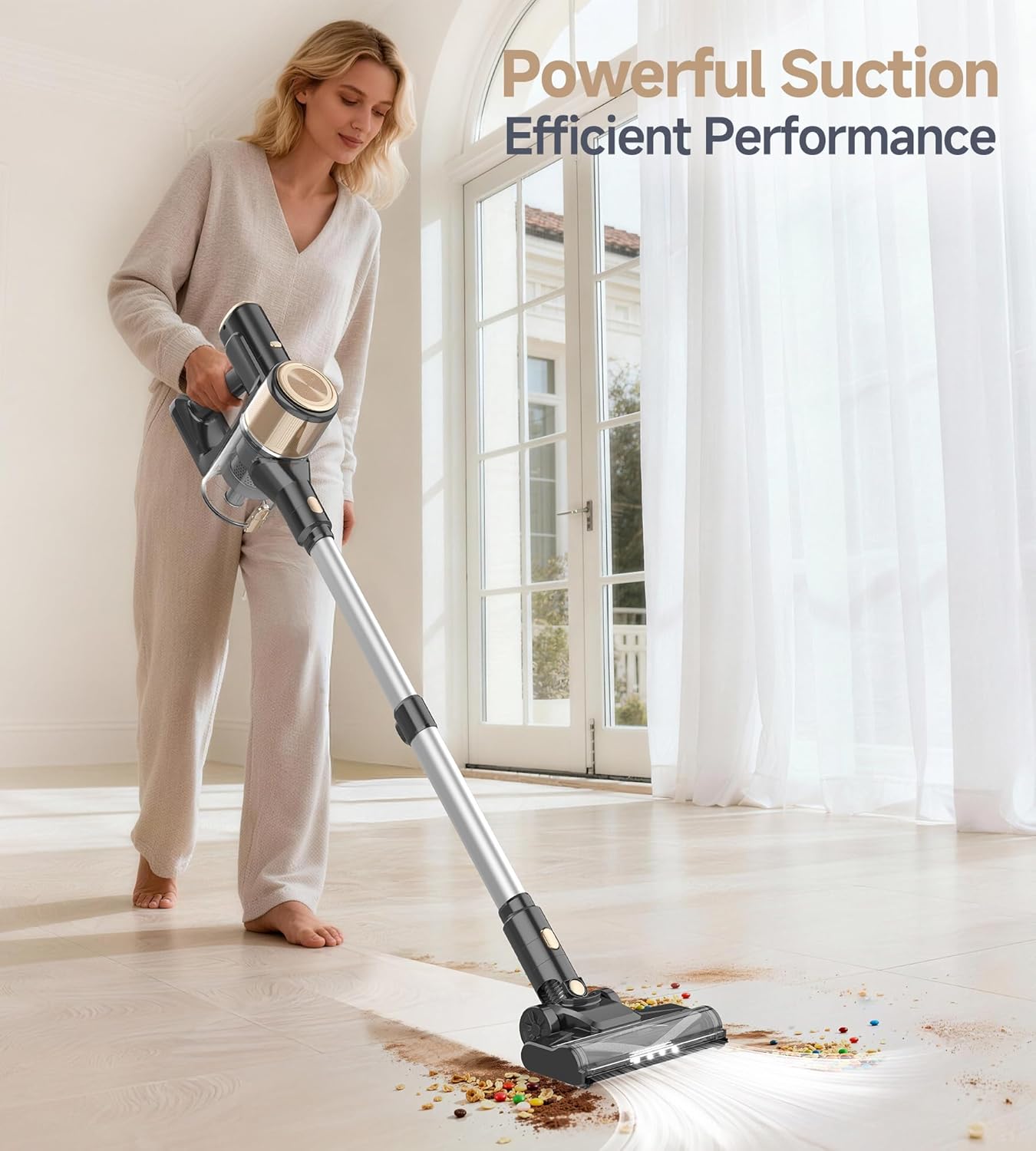 N17 Cordless Vacuum Cleaner, Upgraded Lightweight Stick Vacuum for Home, 45mins Runtime, Powerful Suction, Self-Standing, Anti-tangle, Rechargeable Vacuum for Hard Floor Carpets Pet Hair (Gold)