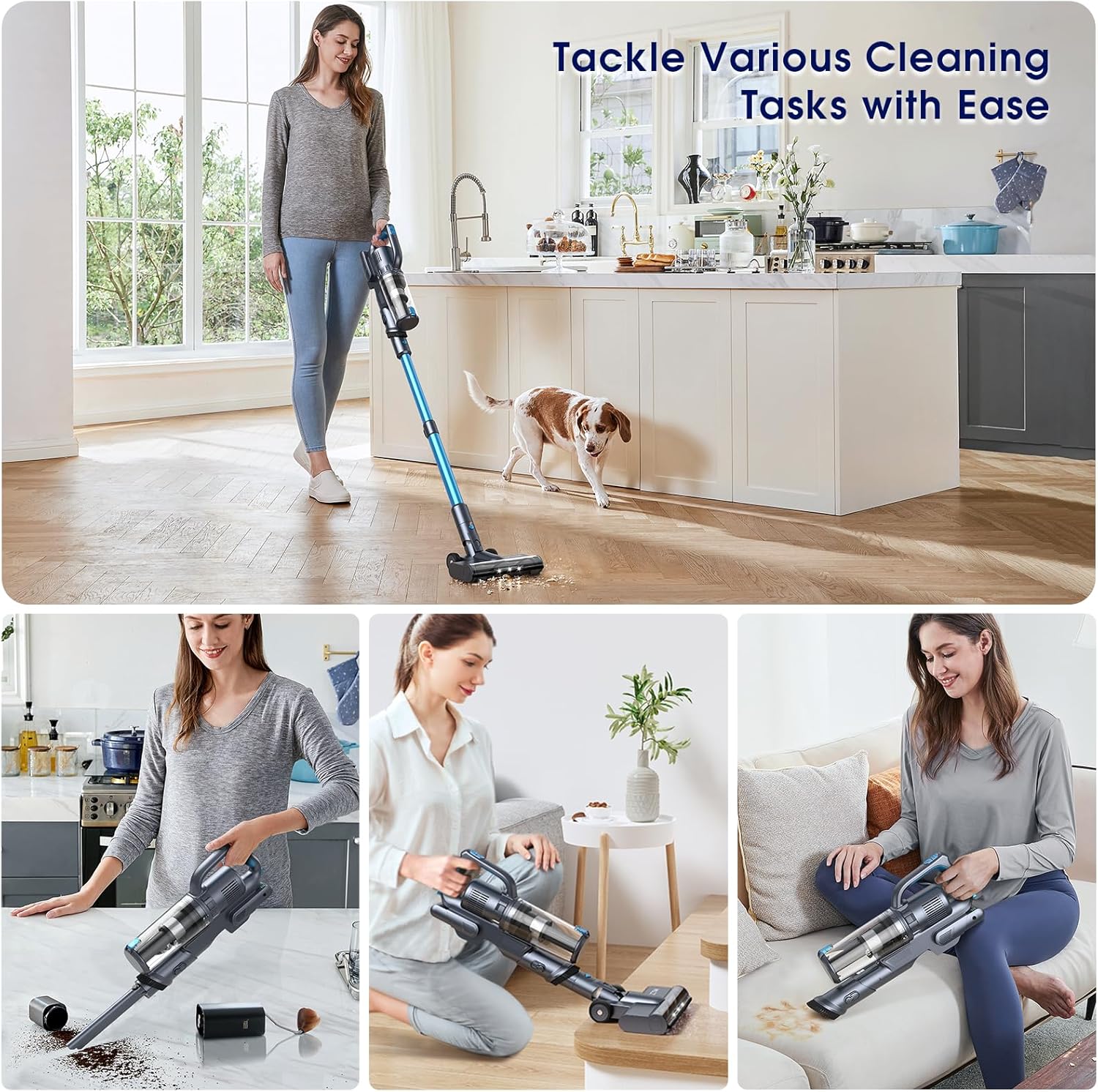 35,000pa Cordless Vacuum Cleaner, Max 50 Minutes, Lightweight Cordless Cleaners for Home, Stick and Handheld Vacuum for Carpets, Hard Floor, Pet Hair, Cars (Blue)
