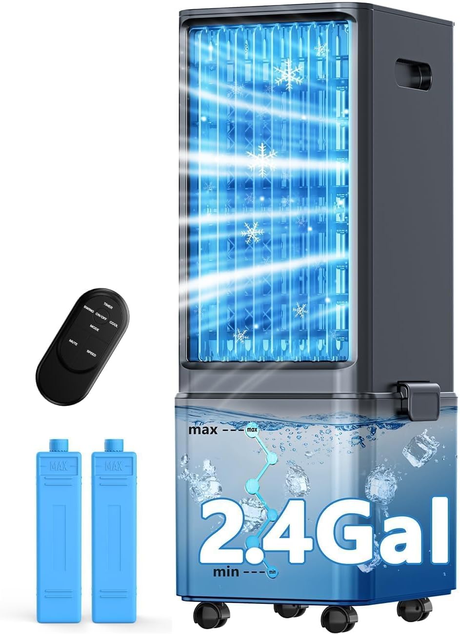 Windowless Air Conditioner w/ 4 Modes & 3 Speeds, Waterless Alert, 2.4-Gal Tank for 20H Cooling, 12H Timer, 20FT Remote, 70° Auto Swing Evaporative Air Cooler, Portable AC Unit for Bedroom